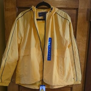 Tommy Hilfiger Men's Yellow Hooded Raincoat with Black Piping